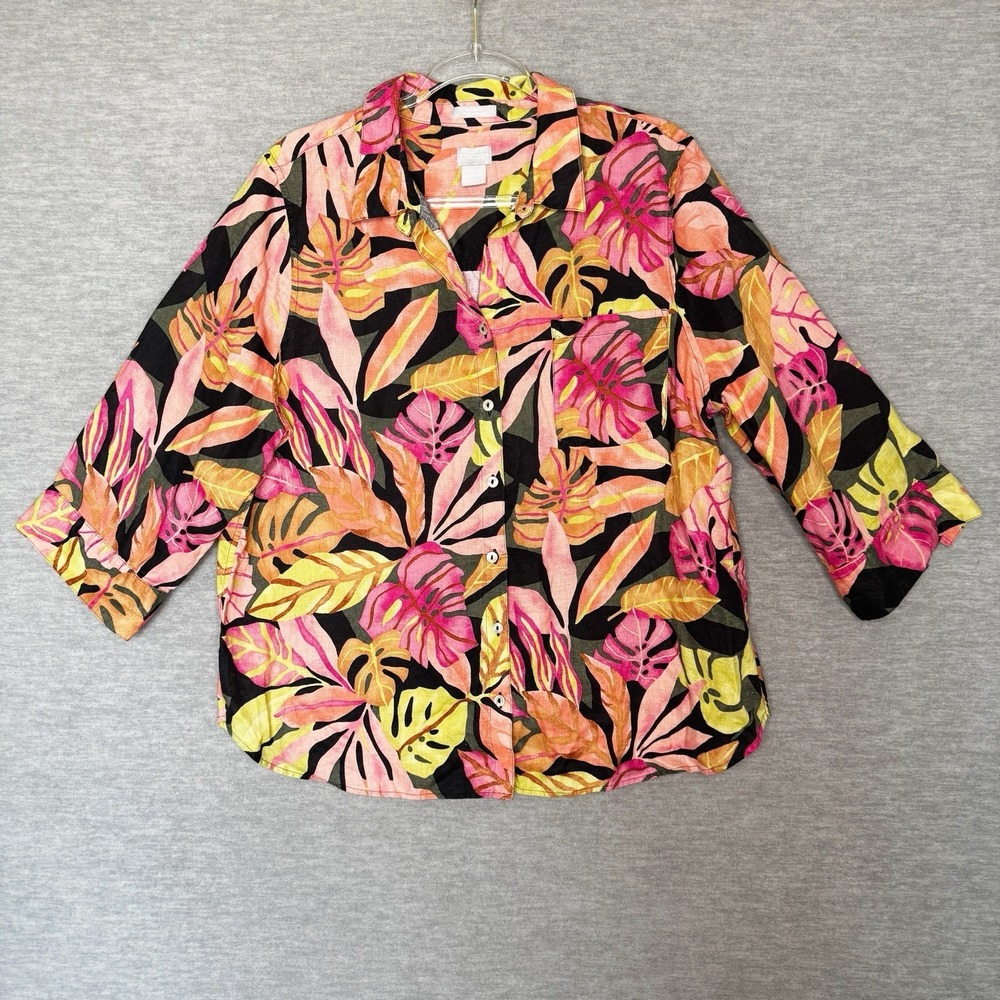Chicos No Iron 100%‎ Linen 3/4 Sleeve Shirt Size 3 US XL Black Floral Top Blouse